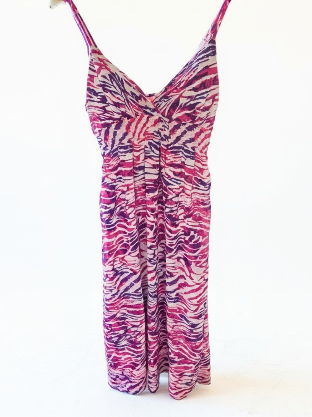 Abstract Pink Purple Zebra Print V-Neck Boho Maxi Dress W Built In Cups Size L
